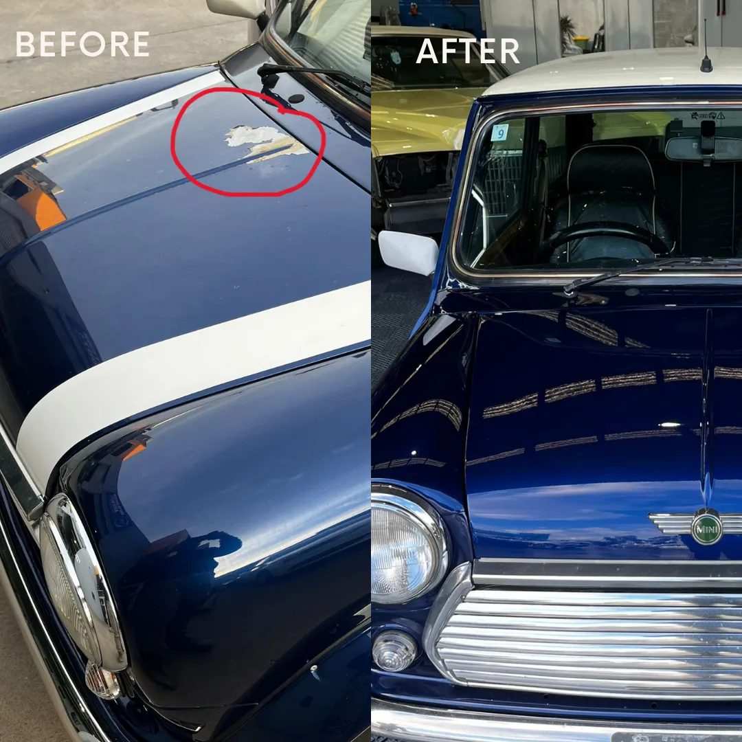 Before and after dent repair and paint correction on a classic Mini