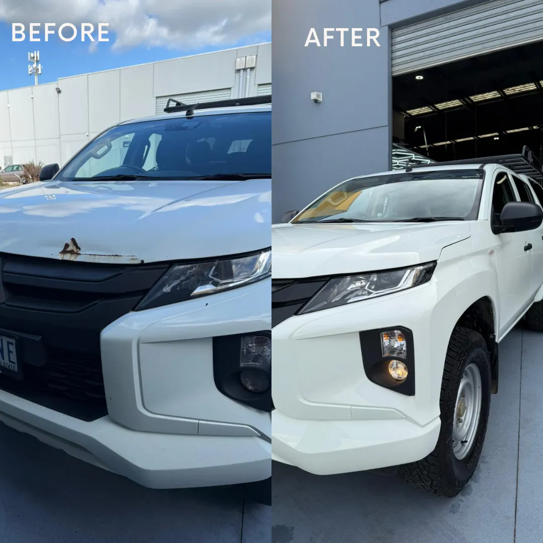 Before and after collision repair on a Mitsubishi Triton ute